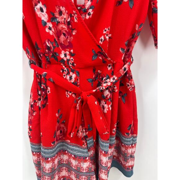 TRIXXI Bright Red Floral Boho Short Romper Size Small - Picture 2 of 6